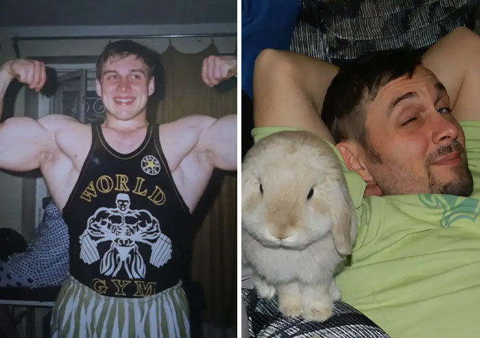 Padre mostrando sus músculos con camiseta de gimnasio y el mismo hombre joven acostado con un conejo, iconos de juventud.
