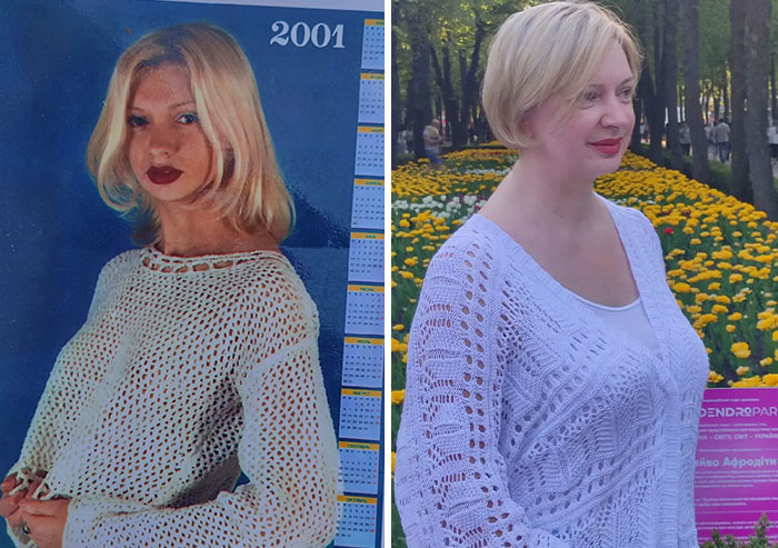 Mujer con suéter blanco, mostrando estilo icónico de los padres cuando eran jóvenes en fotos comparativas lado a lado.