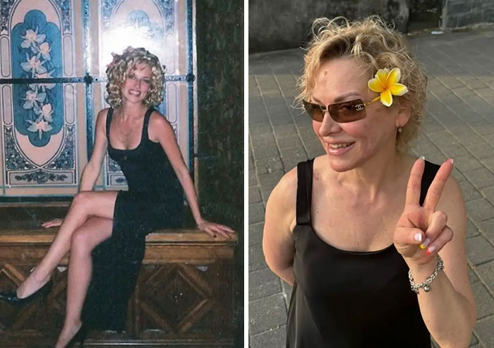 Mujer joven y mayor posando con vestido negro, mostrando a padres como iconos absolutos en fotos antiguas y actuales.