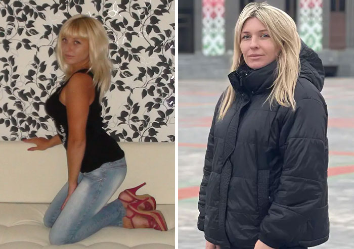 Mujer joven posando con ropa casual y tacones, mostrando estilo icónico de padres jóvenes en fotos comparativas.