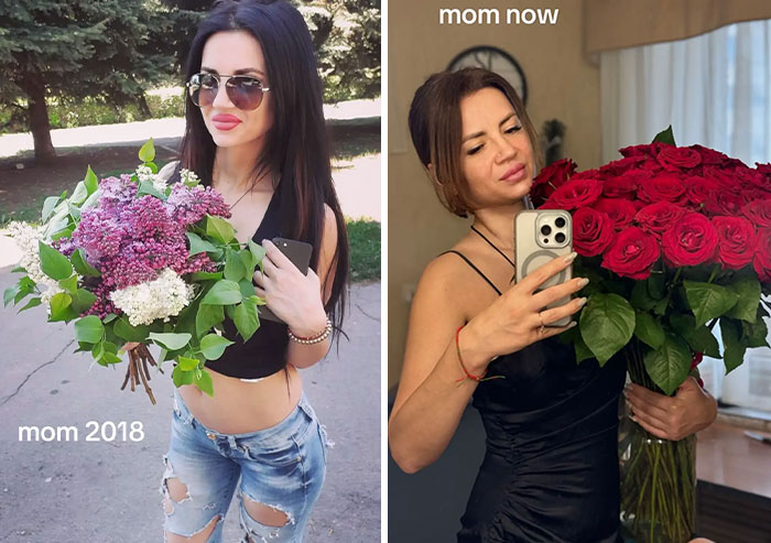 Side-by-side photos showing iconic photos of parents in their youth and mom now holding bouquets of flowers.