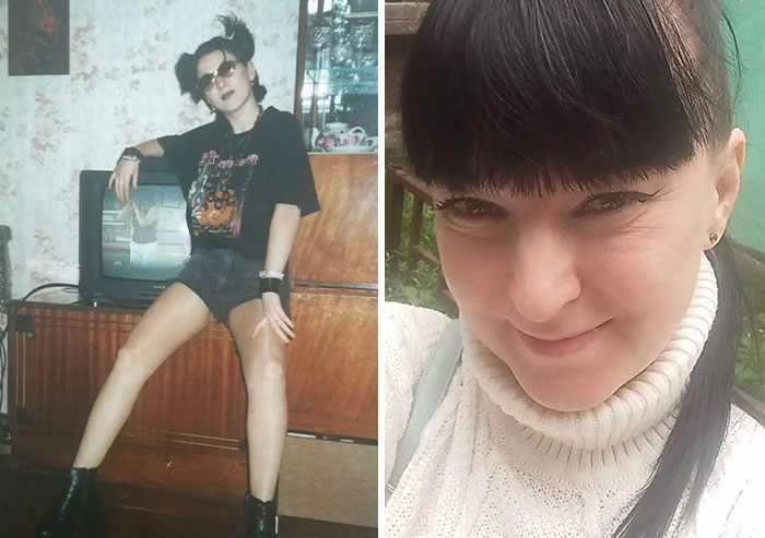 Madre joven con estilo icónico de los años 90 posando con actitud frente a una televisión antigua en su hogar.