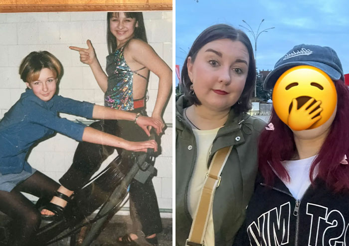 Two side-by-side photos showing iconic photos of parents in their youth and their adult daughters today outdoors.