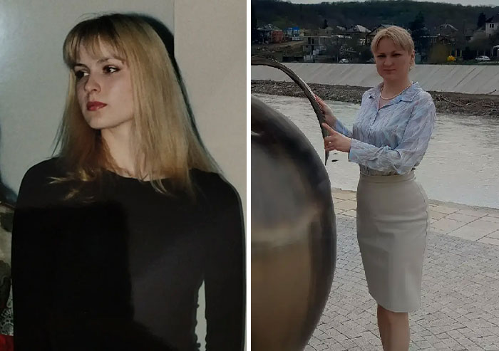 Dos fotos de padres icónicos cuando eran jóvenes, una con suéter negro y otra junto a un río con falda beige.