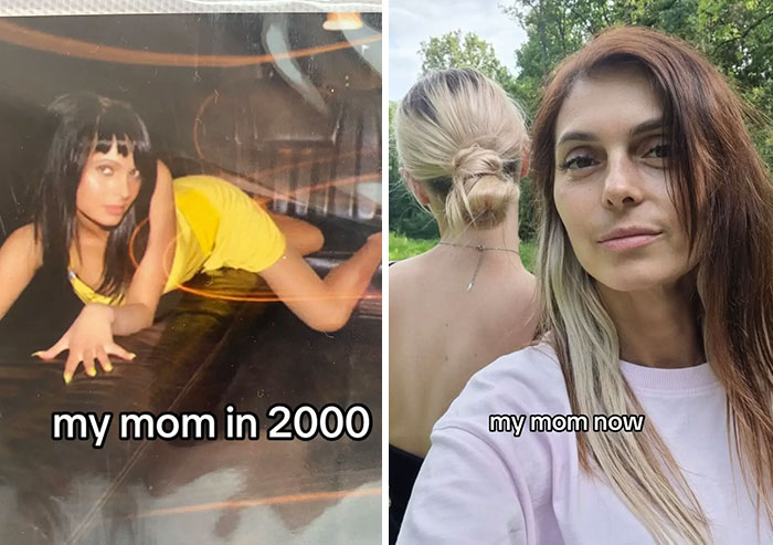 Side-by-side photos showing an iconic photo of a mom in her youth and a current photo of her outdoors.