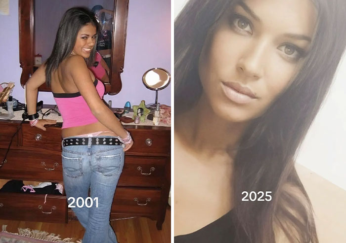 Mujer joven posando en 2001 y retrato actual en 2025, mostrando iconos de padres jóvenes con estilo y actitud.