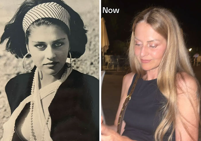 Madre joven con estilo icónico en foto antigua en blanco y negro comparada con su imagen actual en color.