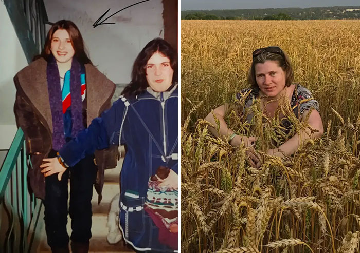 Two vintage-style photos showcasing iconic pictures of parents in their youth, one indoors and one in a wheat field.