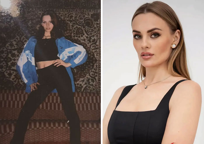 Side-by-side images showing iconic photos of a mother in her youth and her daughter in modern attire.