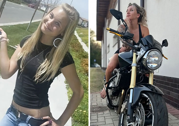 Mujer joven posando al aire libre y mujer en moto mostrando estilo, iconos de juventud y personalidad destacada.