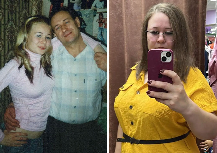 Side-by-side photos showing iconic photos of parents in their youth on the left and a modern selfie on the right.