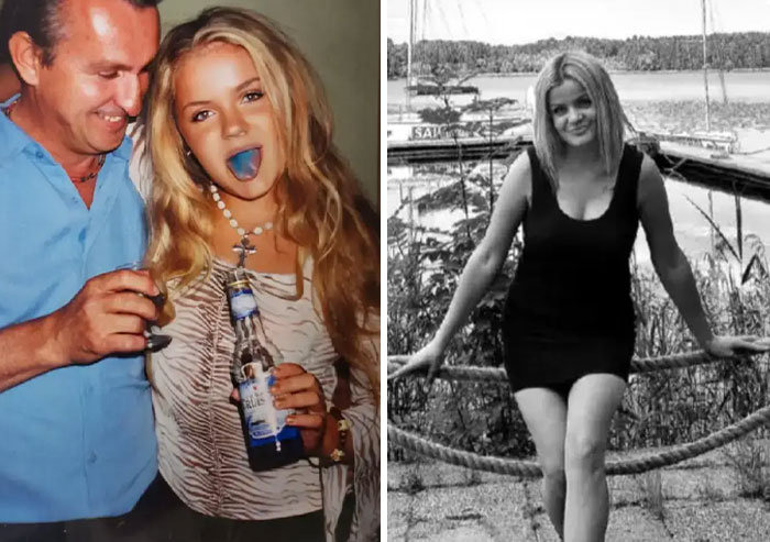Father and daughter sharing a fun moment with drinks and a vintage black and white photo by the lake showcasing iconic parent photos.
