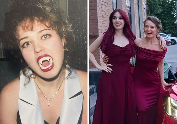 Madre e hija posando juntas con vestidos elegantes color vino, mostrando estilo y orgullo de iconos jóvenes.