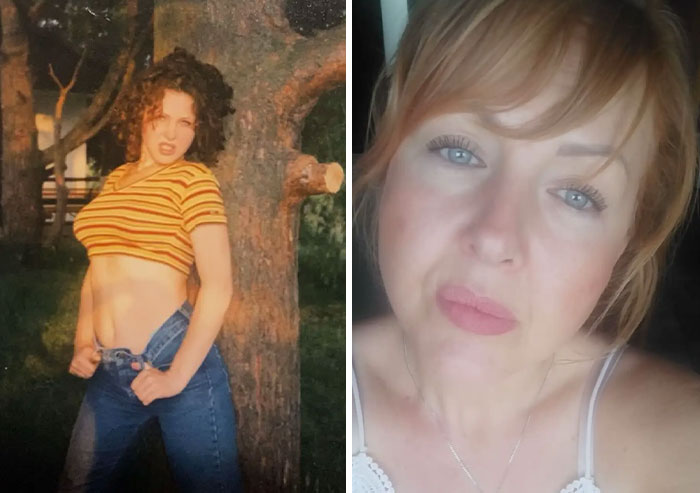 Young woman posing near a tree in striped crop top and jeans, part of iconic photos of parents in their youth collection.