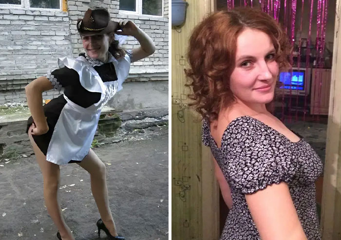 Two women posing in iconic photos of their parents in their youth, one dressed in a costume outdoors and one indoors.