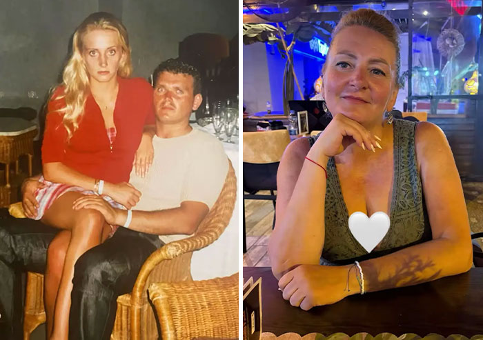 Side-by-side photos showing iconic photos of parents in their youth and a present-day portrait.