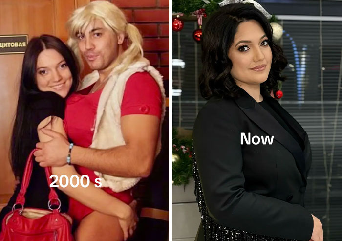 Young couple poses in a humorous 2000s photo alongside a modern portrait, part of iconic parents youth photos collection.