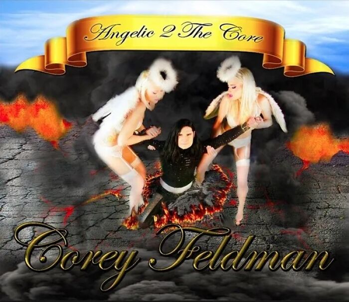 Two angels lifting a man from fiery ground on a poorly designed album cover, noted among worst album covers.