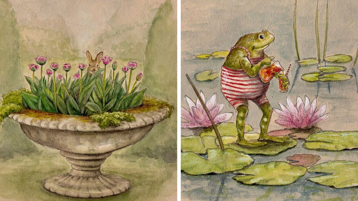 Wholesome animal illustrations showing a rabbit in flowers and a frog sipping a drink on lily pads in countryside life.