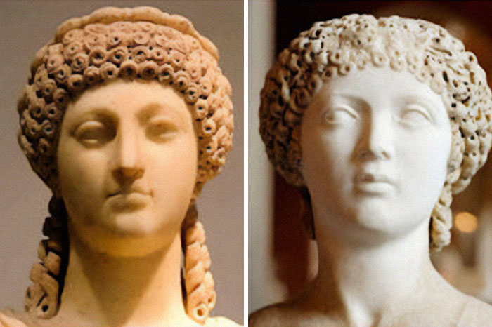 Two ancient marble busts with detailed curly hairstyles showcasing history anecdotes about past civilizations.