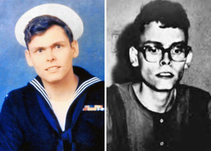 Side-by-side photos of a young man in a navy uniform and a black-and-white image of the same man in glasses, related to history anecdotes.