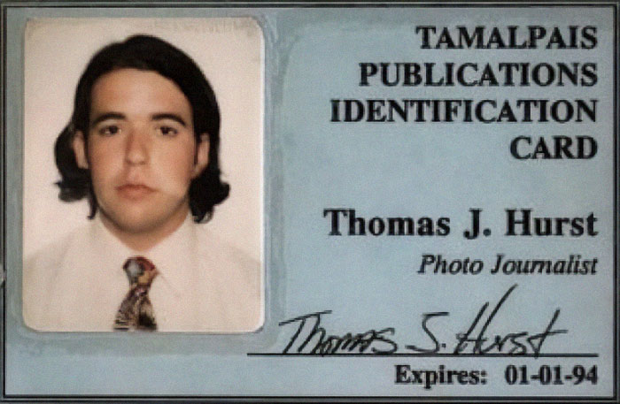Identification card of photo journalist Thomas J. Hurst from Tamalpais Publications, relevant to history anecdotes and insights.