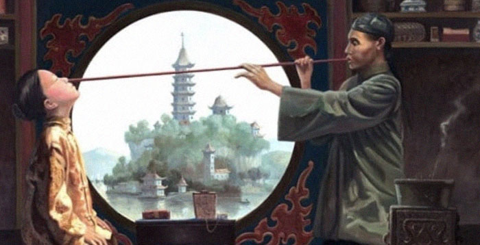 Traditional Chinese scene showing a man using a long pipe near a child, illustrating history anecdotes about the past.