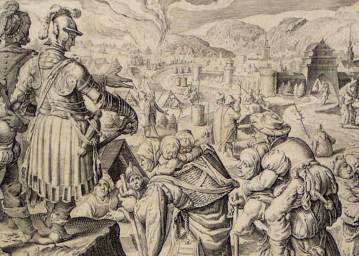 Black and white historical engraving depicting soldiers and civilians in a chaotic past scene, illustrating history anecdotes.