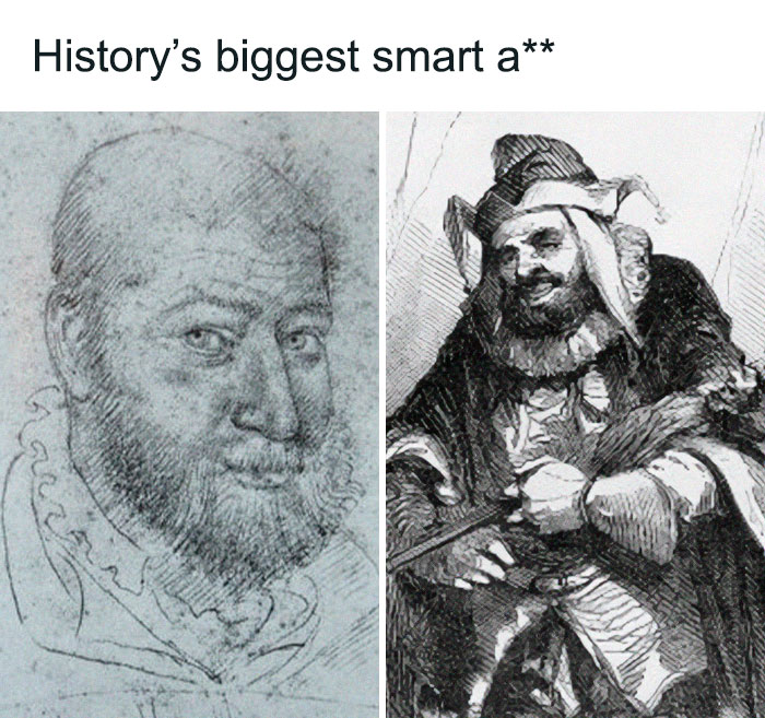 Black and white sketch of Triboulet, a notorious jester, with a historical anecdote about cleverness and forgiveness in history.