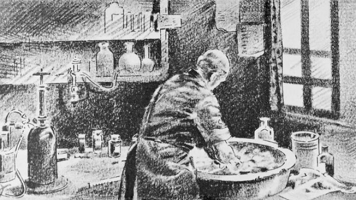 Black and white illustration of a person working in a vintage laboratory, conveying history anecdotes about the past.