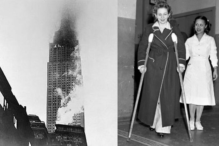 Black and white historical photos showing a burning skyscraper and a woman walking with crutches in a hospital hallway.