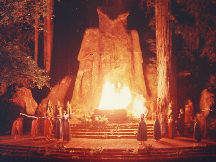 People in cloaks gathered around a large ritual fire at night in a forest with strange and unexplained histories.