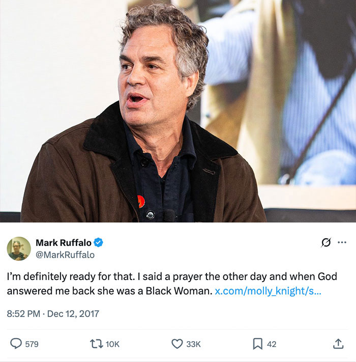 Actor Mark Ruffalo speaking during an interview, with a tweet visible showing a notable oopsie moment.