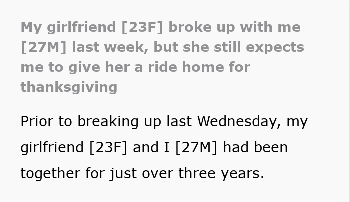 Text excerpt about entitled lady manipulating boyfriend to break up then demanding free rides after breakup.