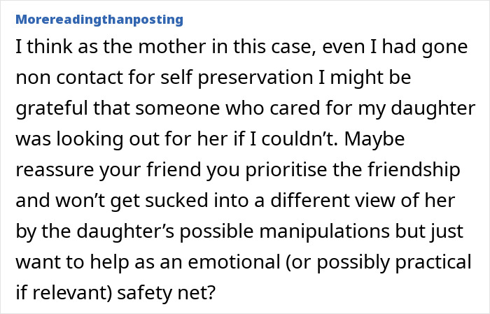Comment discussing feeling sorry for a friend's daughter and balancing emotional support with friendship priorities. Comment discussing feeling sorry for a friend's daughter and balancing emotional support with friendship priorities.