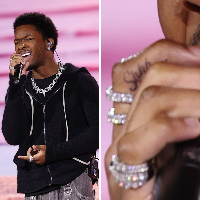 Singer performing on stage wearing chains and rings, with a close-up of hand tattoo related to wild findings coincidence.