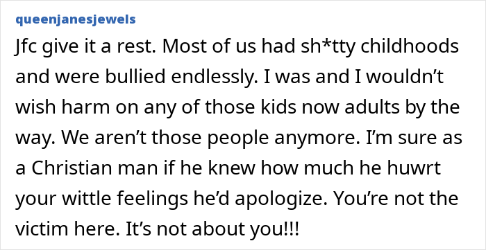 Comment from queenjanesjewels discussing relentless bullying and childhood hardships related to Charlie Kirk bullying claims.