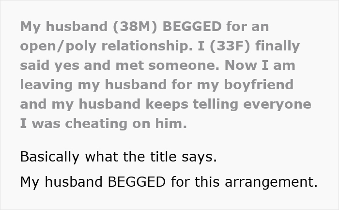 Text post about a man begging for an open poly relationship and regretting it as his wife prefers her new partner.