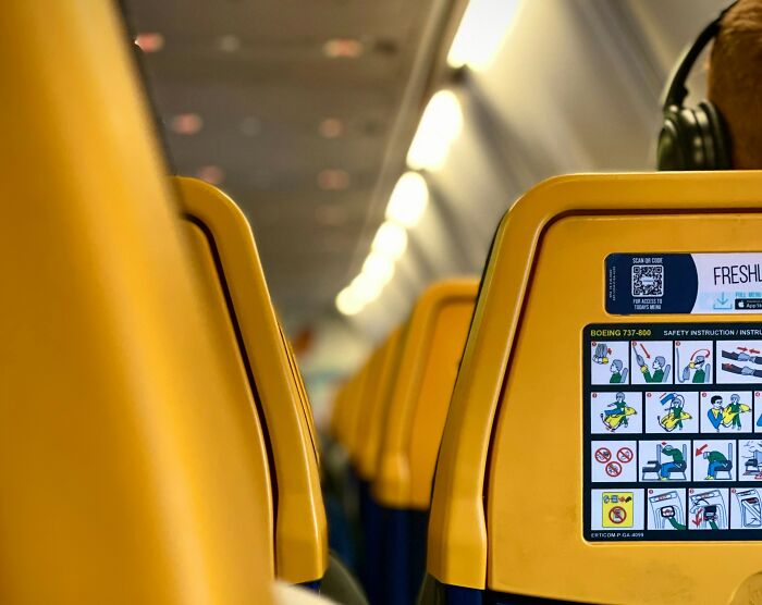 Airplane cabin seats with safety instructions visible, illustrating passengers causing mayhem by eating and flushing passports. Airplane cabin seats with safety instructions visible, illustrating passengers causing mayhem by eating and flushing passports.