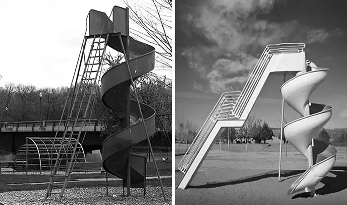 Historic playground slides with metal spiral designs, showcasing risky childhood play equipment from the past.