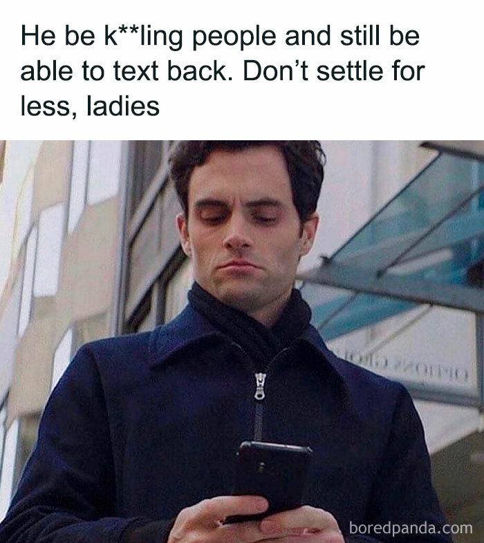 Man outside looking at phone with text about dating and texting back, related to funny dating memes.