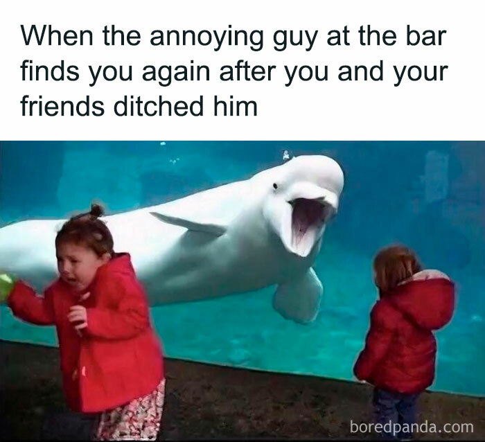 Two children in red jackets reacting fearfully near a beluga whale at an aquarium, illustrating unhinged dating memes.