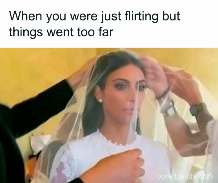 Woman in a wedding dress looking surprised as veil is placed on her head, illustrating unhinged dating memes.
