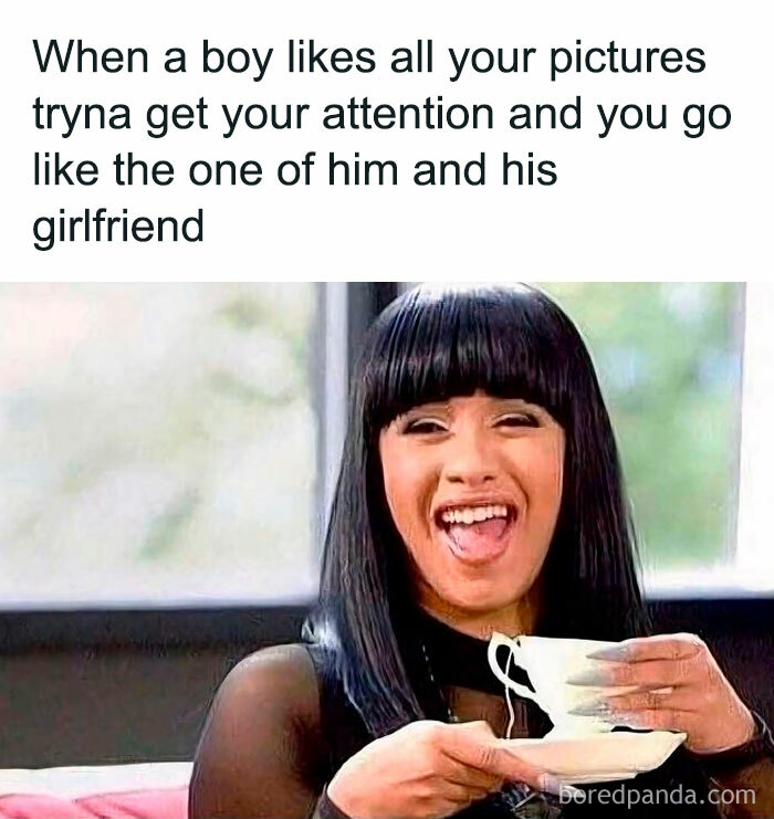 Woman smiling and holding a teacup with a meme about dating and attention in unhinged dating memes.