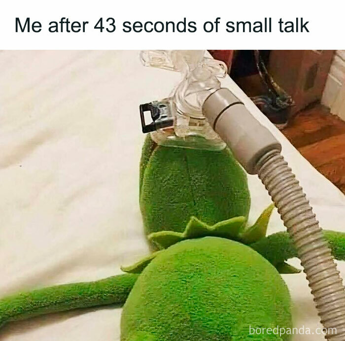 Kermit the Frog lying down with a breathing mask, humorously reflecting dating struggles and social exhaustion.