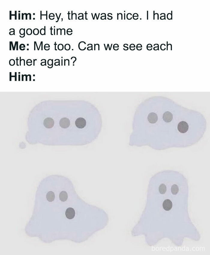 Text meme showing a dating conversation ending in ghosting with ghost emojis, illustrating unhinged memes about dating.