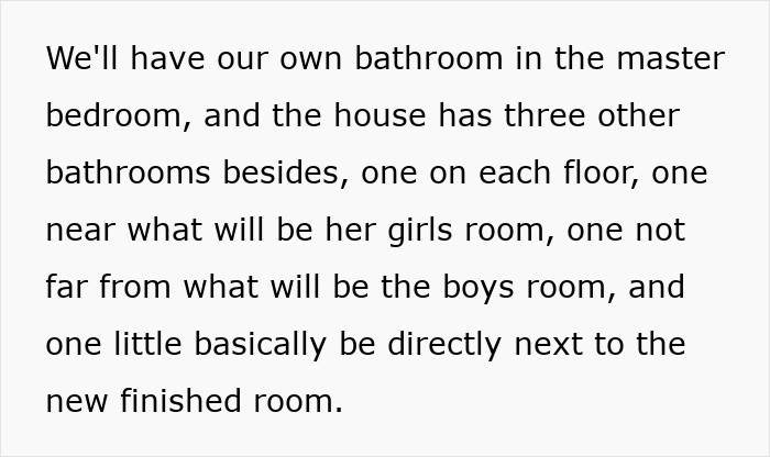 Text excerpt about bathroom and bedroom layout reflecting man defending his daughter&rsquo;s room from fianc&eacute;e in family home.