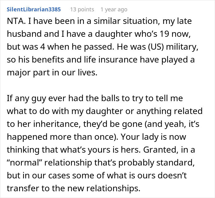Comment discussing a man defending his daughter's room and choosing her over his fianc&eacute;e in family disputes.