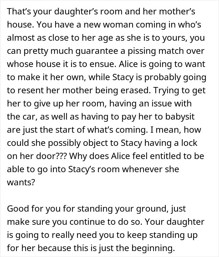 Text discussing a man defending his daughter's room from his fianc&eacute;e, choosing his daughter over their future together.