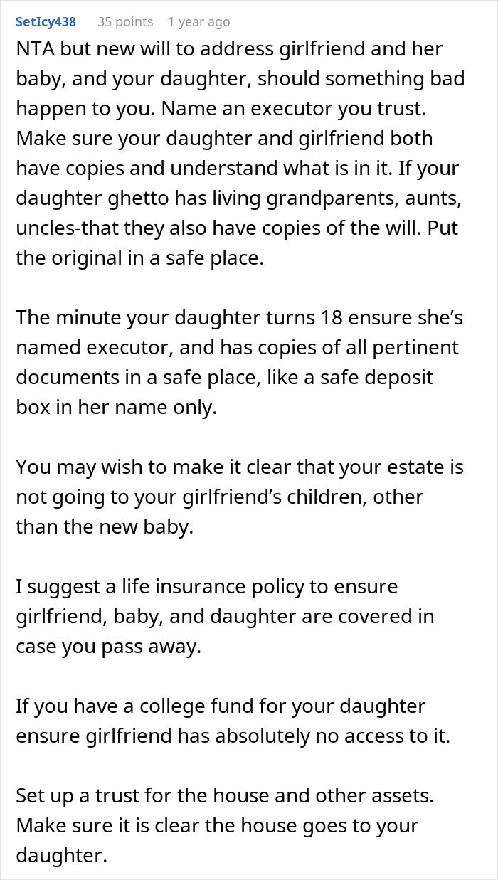 Comment discussing estate planning advice to protect daughter&rsquo;s assets and secure her future from fianc&eacute;e and family disputes.